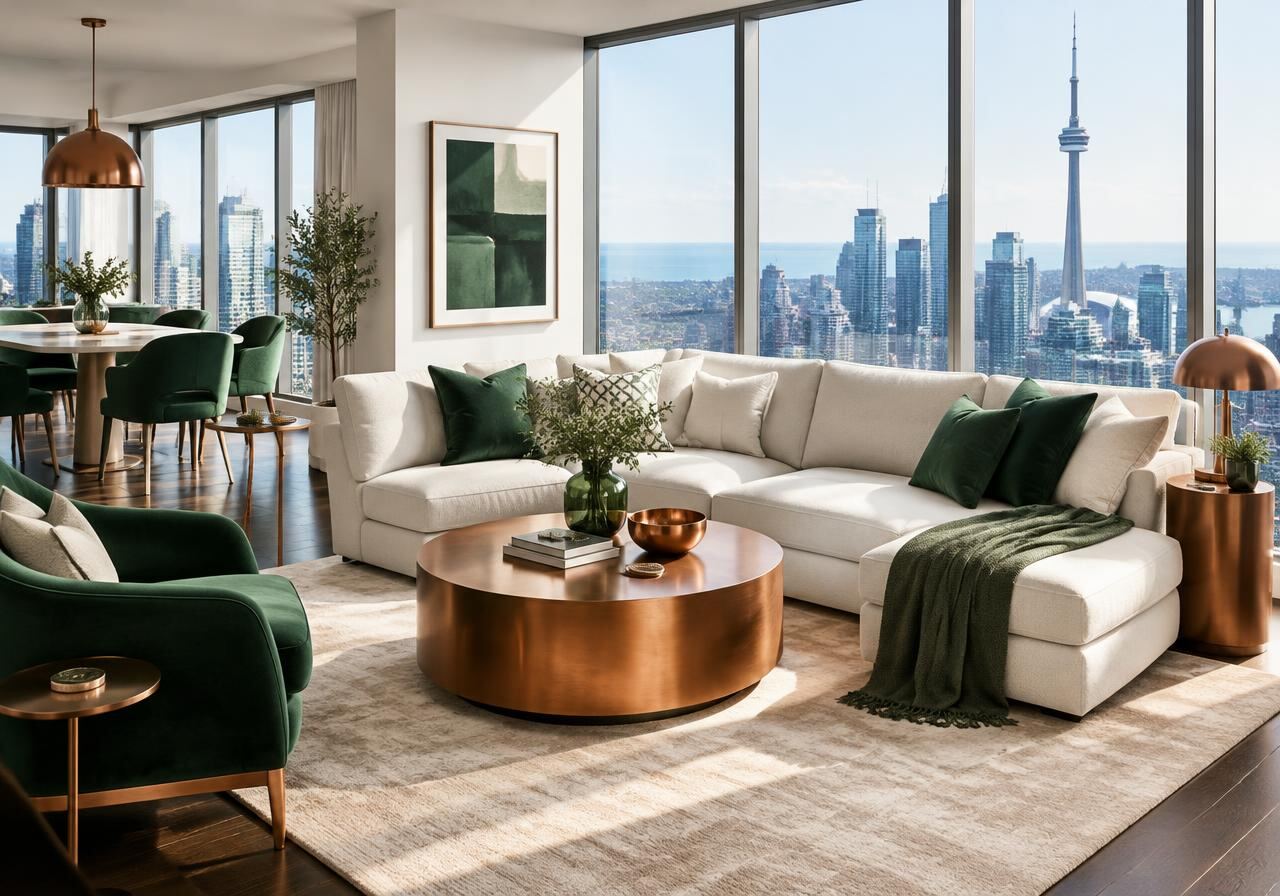 Bright Toronto condo living room overlooking the CN Tower