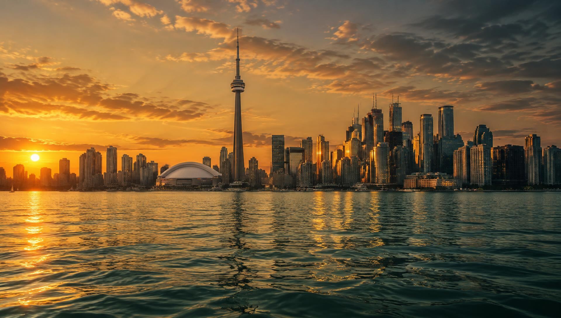 Toronto skyline and CN Tower at sunset across Lake Ontario